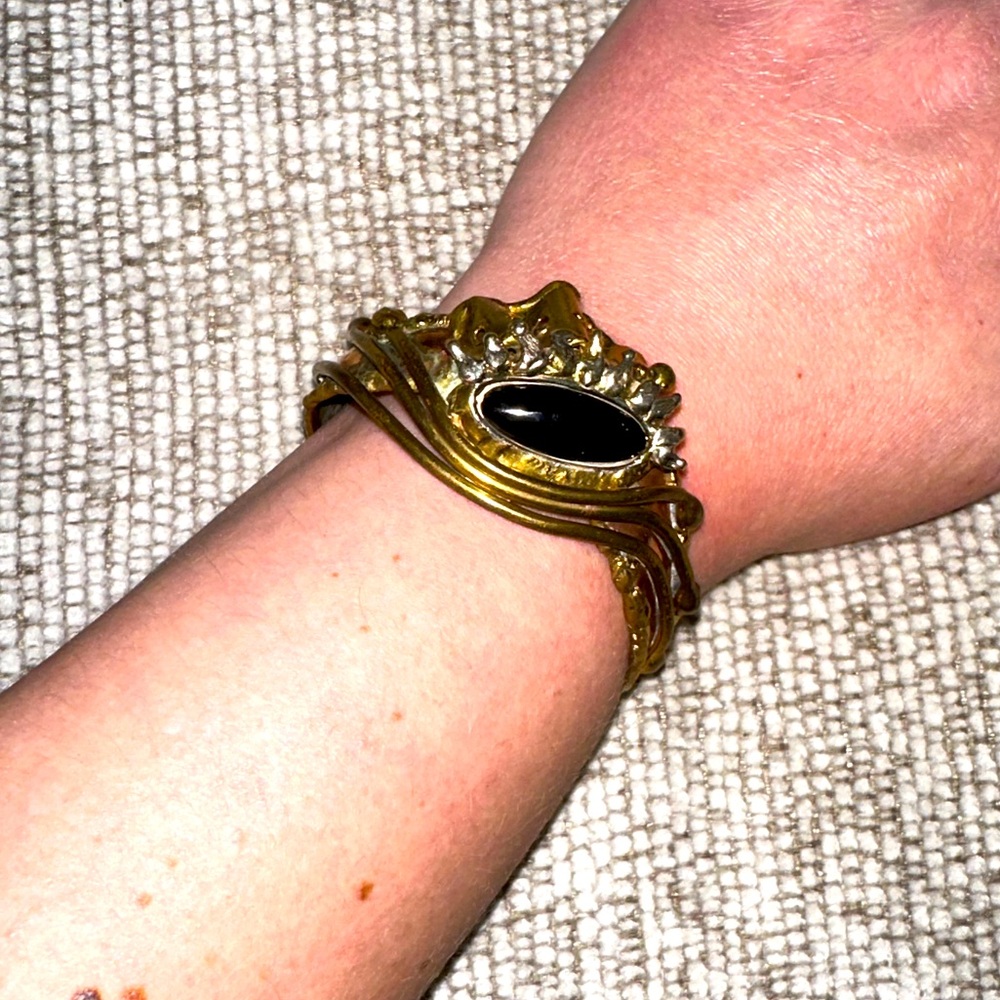 Artisan Mixed-Metal & Obsidian Modernist Adjustable Cuff Bracelet